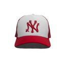 Red and white cap with a logo on a white background