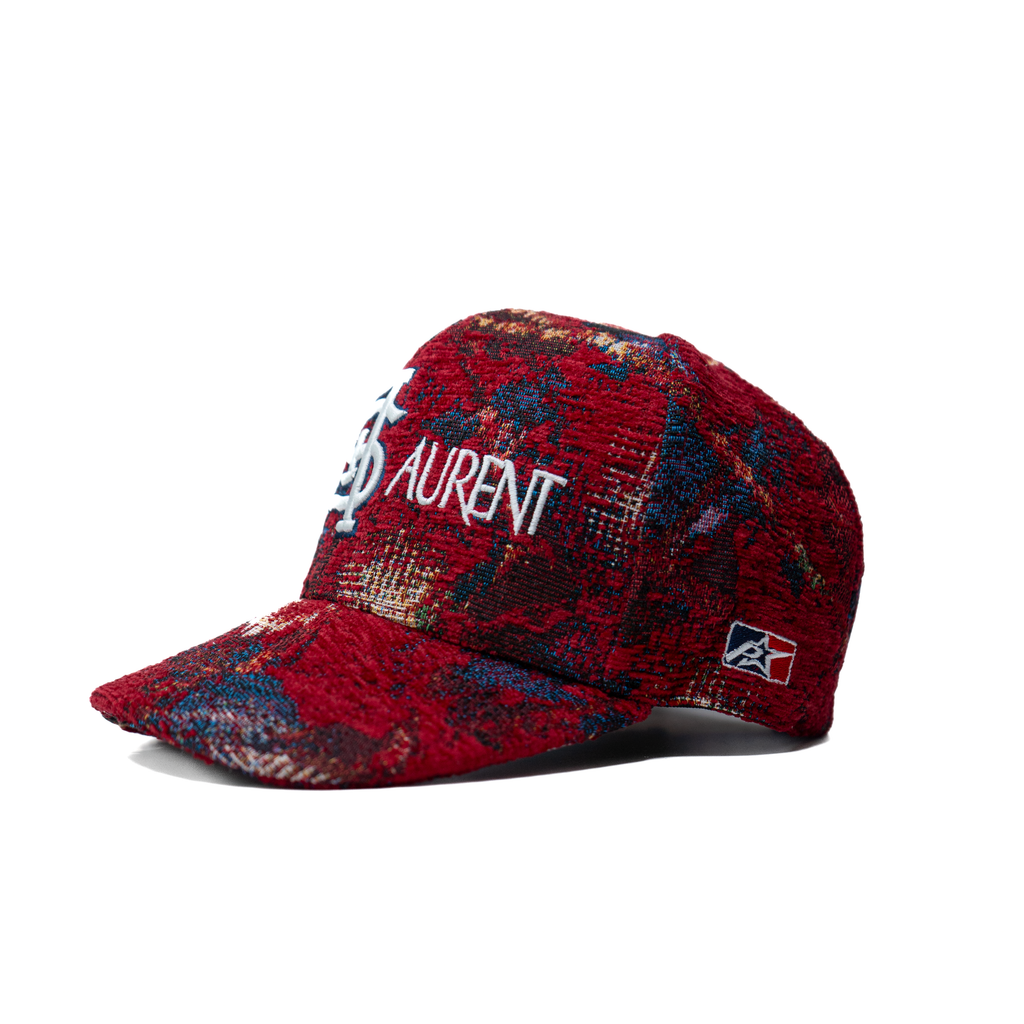A red and black Saint Louis textured wool snapback cap with embroidery on the front.